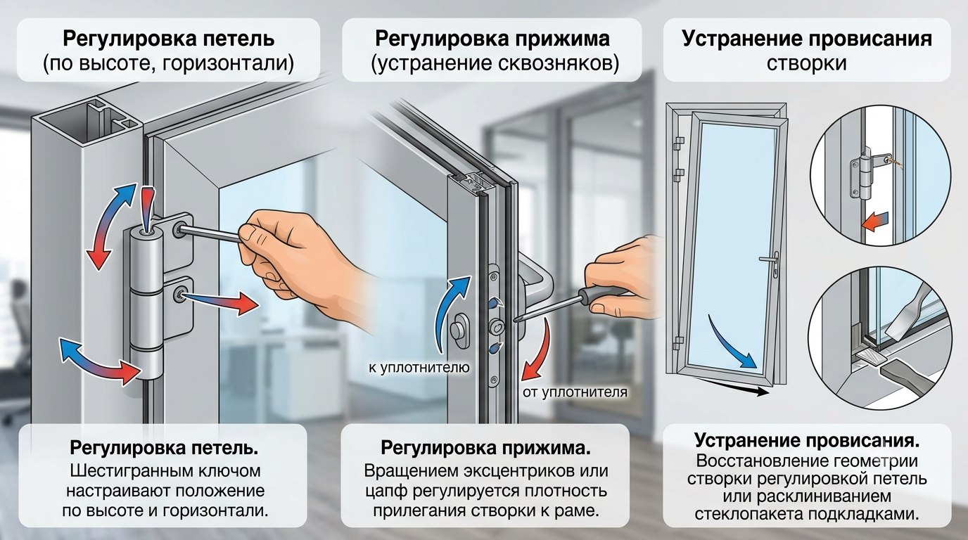 Три основные регулировки алюминиевой двери: петли, прижим и провисание створки